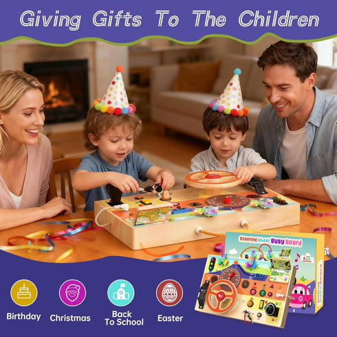 1-3 1+ Busy Board Montessori Toys for Toddlers with Steering Wheel, Lights & Switches, Wooden Driving Activity Board |