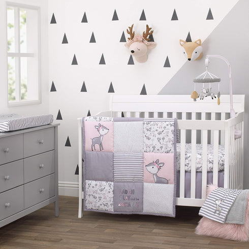 NoJo Little Love Sweet Deer - Grey, White Stripe Plush Changing Pad Cover with Pink Deer Applique, Grey, White, Pink