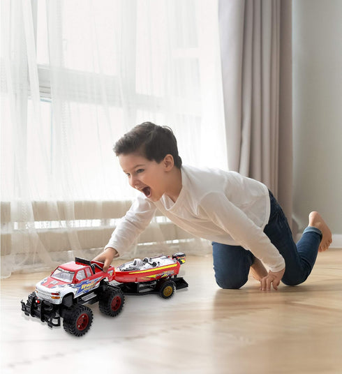 Mozlly Set 9 Inch Monster Truck Toys with Trailer Toy Boat - Friction Powered Hauling Truck and Trailer Toy, Big Toy