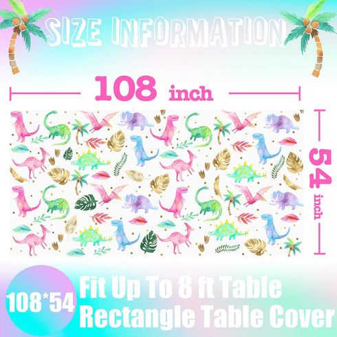 Girl Dinosaur Birthday Party Tablecloth, Pink Plastic Disposable Table Cover for 54'' x 108'' Party Supplies