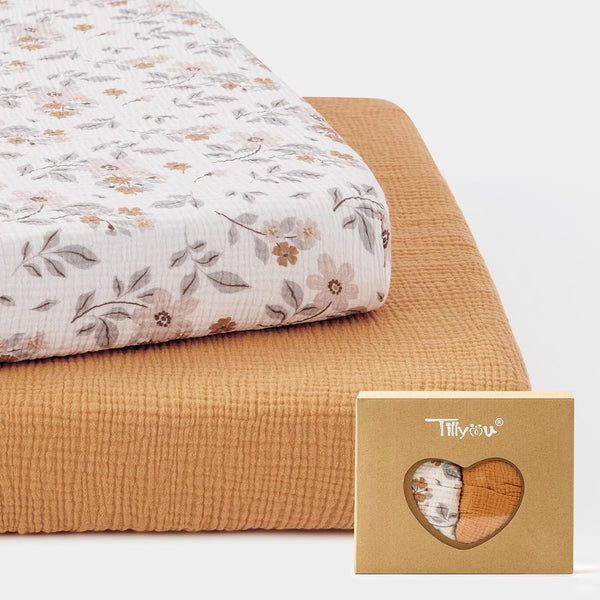 TILLYOU Muslin Mini Crib Sheets 2 Pack, Pack and Play Mattress Sheets