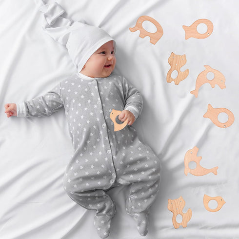 12 Pcs Teething Toys for Babies, Natural Wooden Teething Rings, Handmade Hanging Ring Set, Pain Relief for Infants