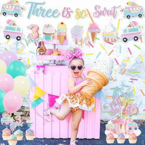 Three Is So Sweet Ice Cream Party Decorations - Banner, Cake, Cupcake Toppers, Macaron, Balloons for Donut Theme Third