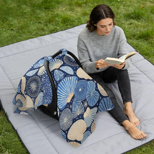 Dalzium Blue Seashell Car Seat Cover Baby, Carseat Canopy Cover for Girl Boy, Breathable Baby Carrier Cover Stroller