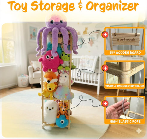 SPRINOAK 54-Inch Tall Stuffed Animal Storage Organizer - Premium Wooden Plush Toy Holder Zoo, Large Toy Storage Tower