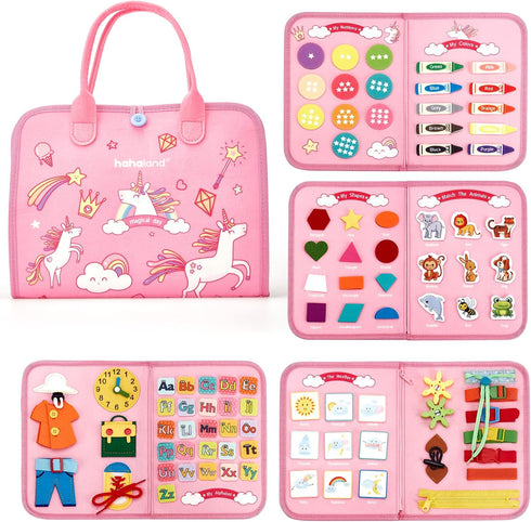 hahaland Busy Board - Montessori Toys for 2 Year Old Girl | Birthday Gift with Life Skills, ABC, 123, Shapes, Colors