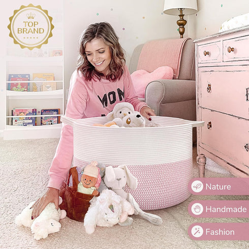 21.7" 21.7" 13.8", INDRESSME XXXLarge Storage Basket with Handle, Pink Laundry Basket for Nursery Stuffed Animal
