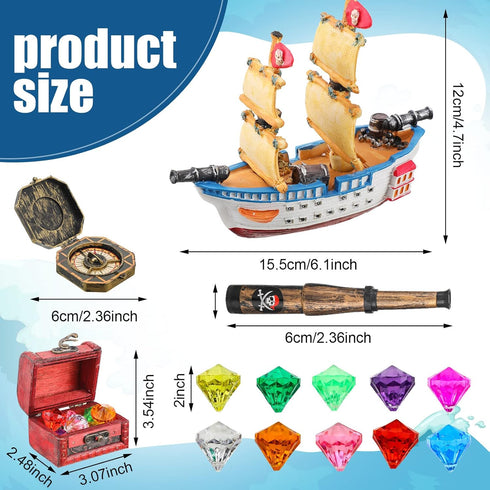 Charniol 32 Sailboat Set Pcs Pirate Ship Cake Topper Nautical Model Decoration Gold Coins Pirate Gems Treasure