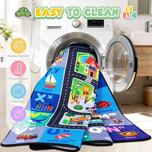 Rogara Car Rug Playmat, City Road Map Kids Rug, Educational Learning Play Mat, Soft Non-Slip Machine Washable ABC