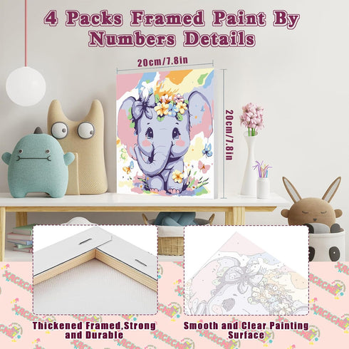 4 Pack Animal Paint by Number for Kids with Wooden Frame-Paint by Numbers for Kids Animals Ages 4-8-12,Easy Elephant Owl Giraffe Zebra DIY Acrylic Oil Painting Kits for Home Wall Decor(8X8inch) by xackcme