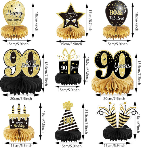 9 Pieces 90th Birthday Decoration Centerpieces for Tables Cheers to 90 Years Honeycomb Table Topper for Party Supplies