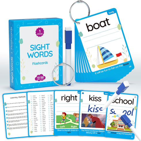 WJPC 55 Cards, 106PCS High Frequency First-Grade Sight Words Flash Cards for Kids Learning to Read and Write
