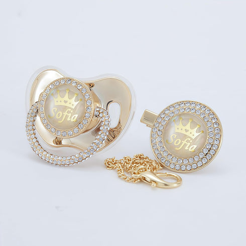 Set 14k Personalized Name Anniversary All Bling Pacifier and Clip Gold Plated New Born Gift Photography No for Daily