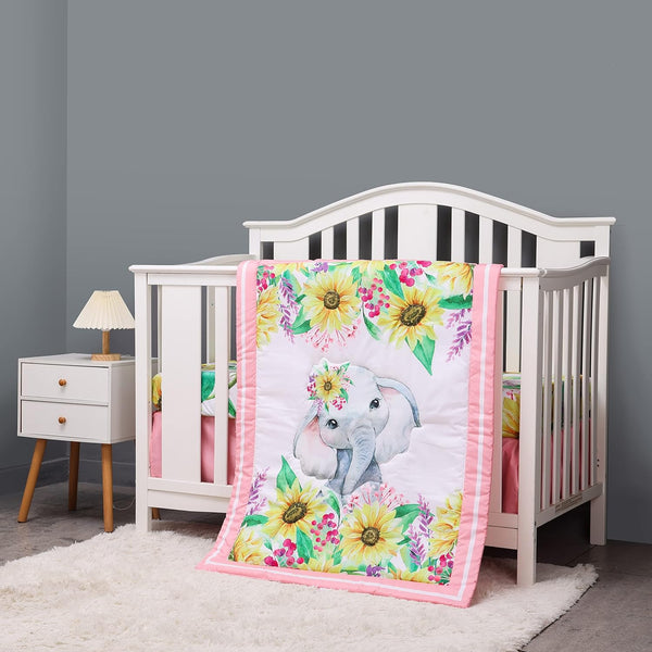 CribMATE Pink Floral Elephant Crib Bedding Set for Girls 3 Pieces Quilt -