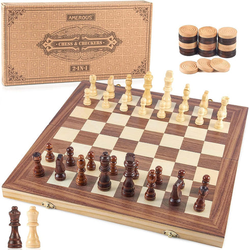 AMEROUS 15'' Wooden Chess & Checkers Set, 2 in 1 Board Games