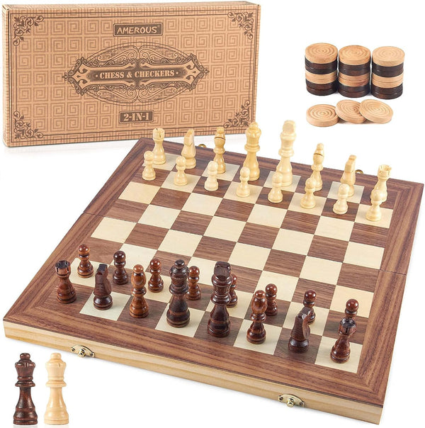 AMEROUS 15'' Wooden Chess & Checkers Set, 2 in 1 Board Games