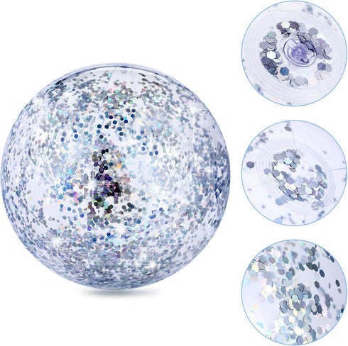 Hsei 3 Pcs Inflatable Beach Ball, 16 Inch Glitter Summer Swimming Pool Balls for Beach Wedding Outdoor Party Favor