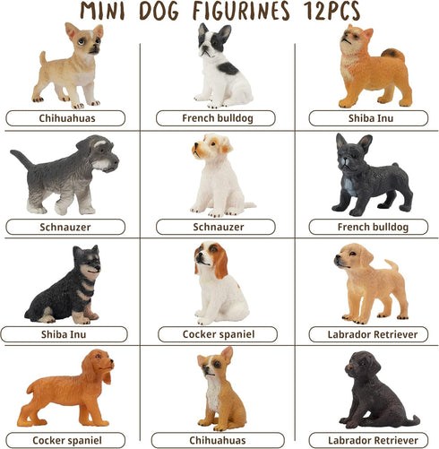 Toymany 12PCS Mini Dog Figurines Toy Set, Realistic Detailed Plastic Puppy Figures, Cake Toppers Gift