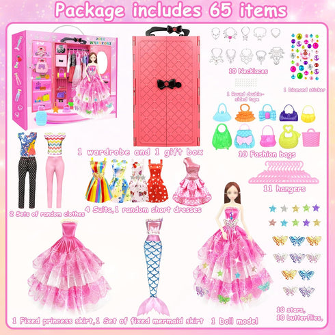 66Pcs Closet 11.5 Inch Set 1 4 5 6 7 8 9 10 Doll Clothes and Accessories with Doll for Doll Dress up with Doll Fashion