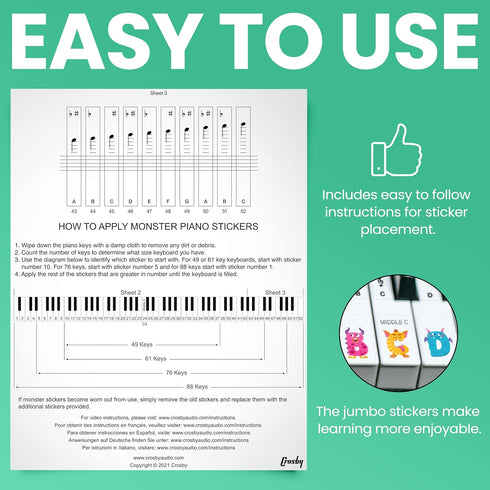Crosby Monster Piano Stickers for Learning Piano or Keyboard - Transparent Removable Key Set for Beginners
