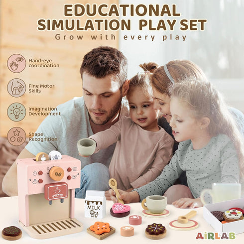 Playset Set Airlab Kids Coffee Toy Coffee Maker for Toddler Wooden Kitchen Accessories Pretend Play for Girls Boys Ages