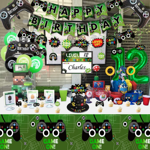 Video Game Party Decorations for Boys, 12th Birthday Banner, Tablecloth, Gaming Pattern Balloons & Sign
