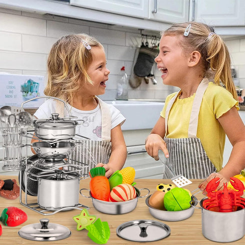 12Pcs Kids Pots and Pans Playset, Stainless Steel Pretend Play Kitchen Set Toy for Kids Age 3 Years Old