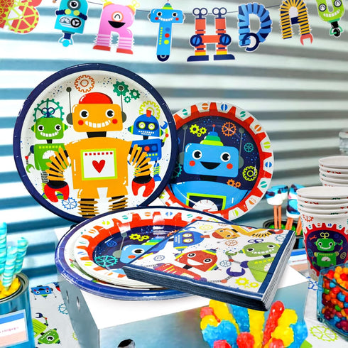 Pack 34 Set LaVenty Robot Birthday Party - Piece Including Banner, Plates, Napkins & Decorations