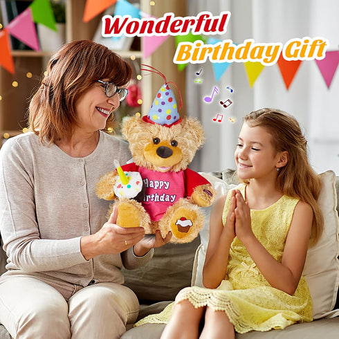 Houwsbaby 13.5'' Birthday Teddy Bear Interactive Stuffed Animal Electric Singing Musical Plush Toy with Cupcake for Kids