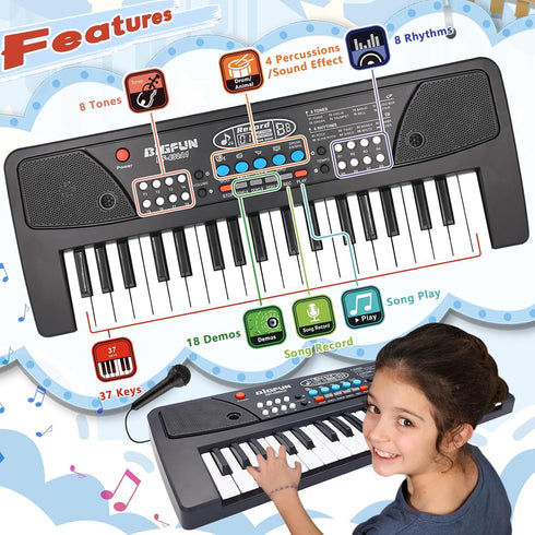 37 3-6, 3 4 5 6 Kids Piano Keyboard, Key Portable Electronic Piano for Kids Age Piano Keyboard with Microphone Musical