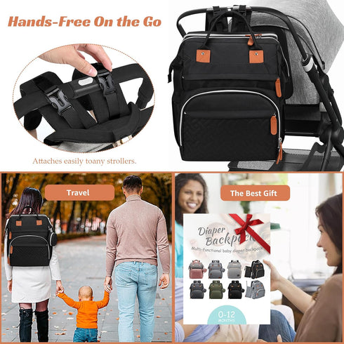 Backpack Diaper Bag for New Parents, Large Capacity Baby Travel Bag with Bottle Holders, Multiple Compartments (Black)