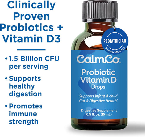 D3, Recommended, 15ml (Pack 1) CalmCo Probiotic Vitamin D Drops - Supports Infant & Child Gut Health, Helps Reduce Gas