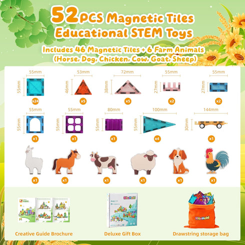RiteHold 52PCS, 3 4 5 6 7 8, 3+ Magnetic Tiles Farm Animals STEM Toys Magnet Building Blocks for Kids Ages Toddler