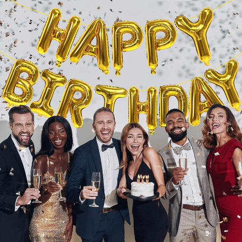 Gold Happy Birthday Balloons Banner, 16 Inch Mylar Foil Letters Sign, Reusable Balloons for Birthday Decorations Party