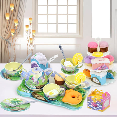 Set Girls,50PCS Playsets,Teapot 3 4 5 6 Tea Party for Little Princess Horse Tea Time Toy Including Food Sweet Treats