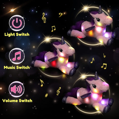 16'' Hopearl LED Musical Stuffed Unicorn Light up Singing Plush Toy Adjustable Volume Lullaby Animated Soothe Birthday