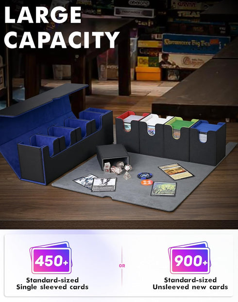 Card Storage Box with Dice Tray for MTG, 5 in 1 Card Deck Case Holds 900+ Unsleeved Cards, Strong Magnet Organizer