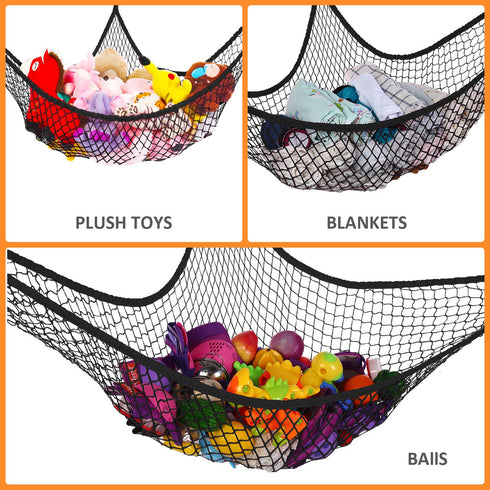 Stuffed Animal Hammock, Jumbo Toy Storage Net 83" Wall Sling, Extra Large Kids Mesh Toy Net Organizer (Black)