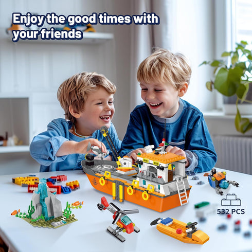 Set, Set 6 8 10 12 AKWME City Ocean Explorer Ship Building Exploration Boat Toy Building Block with LED Lights