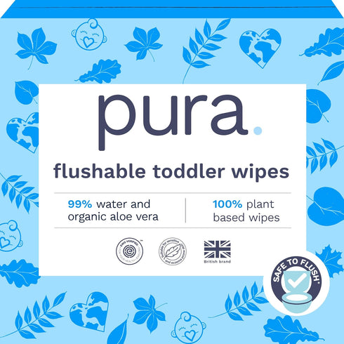 Pura Flushable Toddler Wipes 10 x 60 Wipes, 100% Plastic Free, Hypoallergenic & Fragrance Free