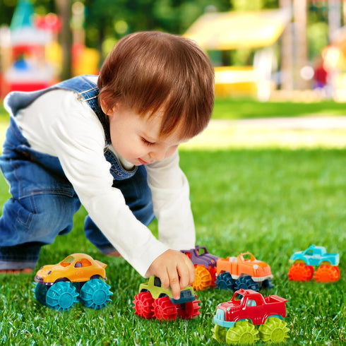Battat Plastic Toy Cars - 6-Pack with Storage Bag, Colorful Toddler Trucks, Easy to Clean, Mini Monster Trucks for 2+