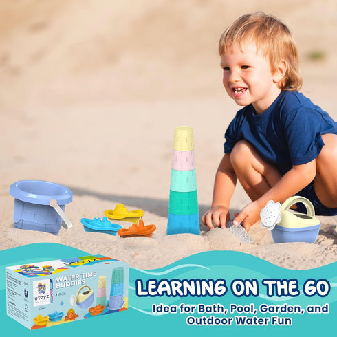 11pcs Set 1+, Water Time Buddies Toddler Water Toy with Watering Can, Boats, Toy Animals, Stacking Cups & Buckets