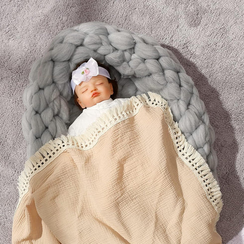 insular Cotton Muslin Baby Blanket with Tassel, Boho Muslin Swaddle Blanket, 47" x 40”, Khaki