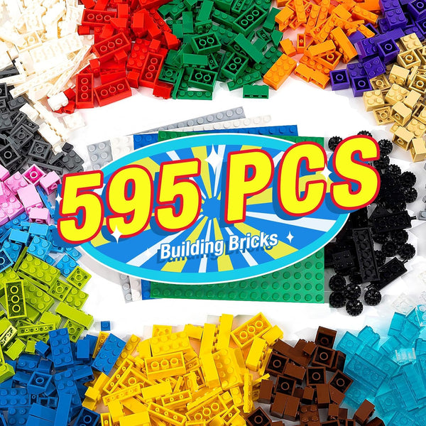 595 Pieces Building Bricks - Building Bulks Blocks with 4 Packs 5" x 5" Stackable Plates, 46PCS Wheel Accessory
