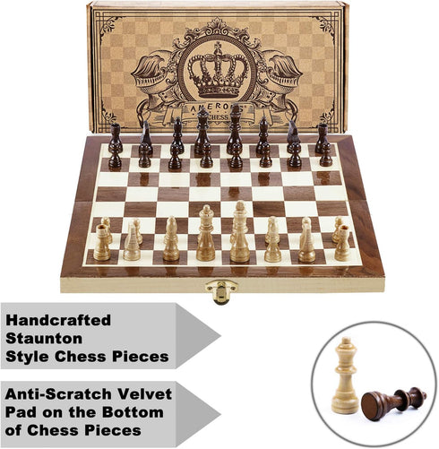 AMEROUS 12" x 12" Magnetic Wooden Chess Set - Kids Age 6+, 2 Bonus Extra Queens, Folding Board with Storage Slots