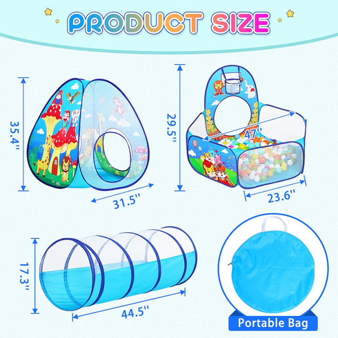 3 in 1 Kids Play Tent for Toddler with Baby Ball Pit, Play Tunnel, Indoor Outdoor Playhouse for Boys and Girls Gifts