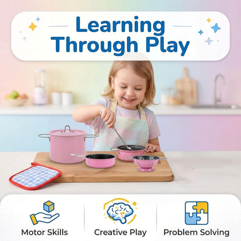 Set, 11 Set Kids Stainless Steel Play Kitchen Piece Pretend Play Pots and Pans Toy Cookware with Utensils & Pot Holder