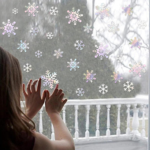pinkblume 72pcs Iridescent White 3D Snowflake Wall Stickers, Holographic Snowflakes Wall Decals for Winter Wonderland