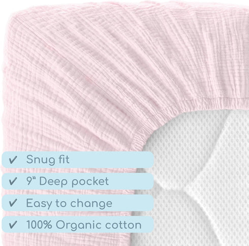 100% (28"x 52") Muslin Crib Sheets, Organic Cotton, Breathable and Ultra-Soft, Standard Crib Sheet Mattress for Girls