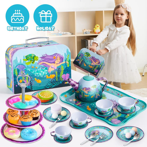 35Pcs Set Set, 3 4 5 6 JOYIN Mermaid Tea Party for Little Girls, Pretend Tin Teapot Princess Tea Time Play Kitchen Toy